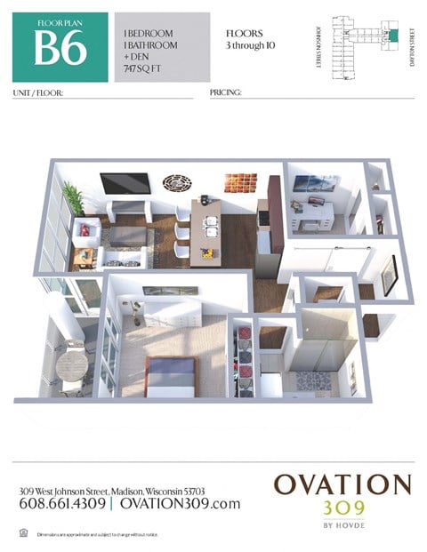 Floor plan for 1 bed, 1 bath, 780 sqft
